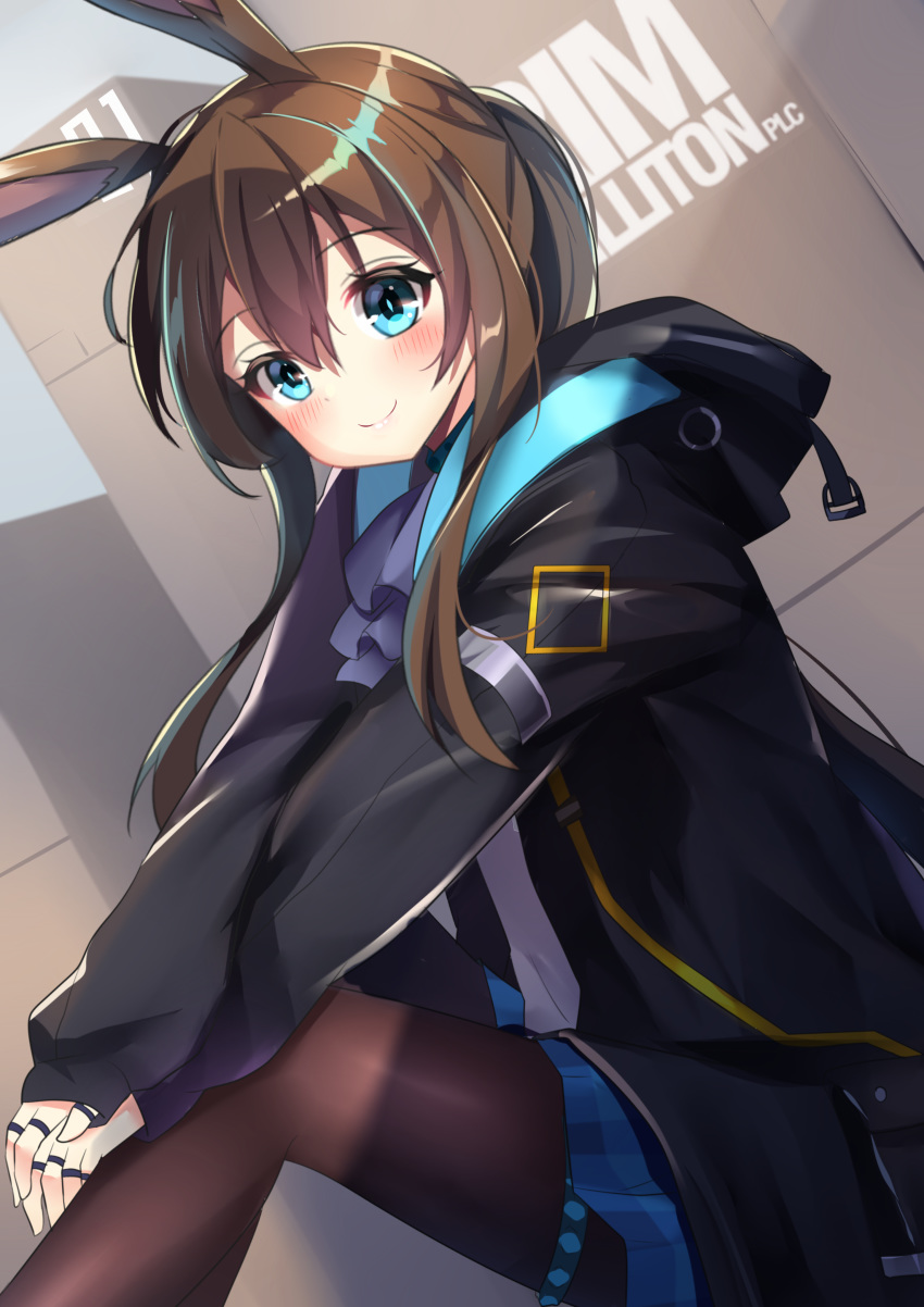 1girl absurdres agung_syaeful_anwar amiya_(arknights) animal_ears arknights bangs black_jacket blue_eyes blue_skirt blush brown_hair brown_legwear bunny_ears closed_mouth commentary commission english_commentary eyebrows_visible_through_hair feet_out_of_frame hair_between_eyes highres hood hood_down hooded_jacket jacket jewelry leaning_forward long_sleeves pantyhose plaid plaid_skirt pleated_skirt ponytail ring shirt sitting skirt sleeves_past_wrists smile solo thumb_ring white_shirt