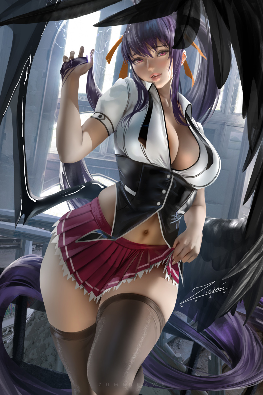 cleavage highschool_dxd himejima_akeno no_bra skirt_lift thighhighs wings zumi_(zumidraws)