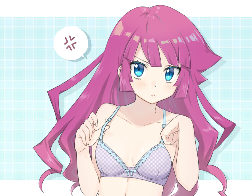 1girl bangs blue_eyes blush bra breasts closed_mouth collarbone frown grey_bra kirishima_romin long_hair looking_at_viewer mechakucha pink_hair shiny shiny_hair small_breasts solo underwear underwear_only upper_body v-shaped_eyebrows very_long_hair yuu-gi-ou_sevens