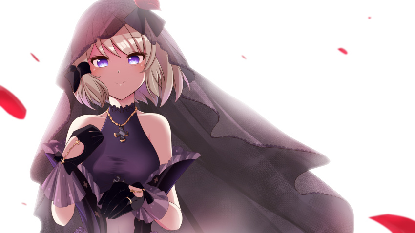 1girl azur_lane bare_shoulders black_dress black_gloves blue_eyes bow bridal_veil collarbone commentary_request detached_sleeves dress frilled_dress frills gloves grey_hair hair_bow hair_ribbon highres iron_cross jewelry looking_at_viewer mary_fate necklace petals ribbon ring shade short_hair simple_background smile solo turtleneck turtleneck_dress upper_body veil wedding_dress wedding_ring white_background wind z23_(azur_lane) z23_(schwarze_hochzeit)_(azur_lane)