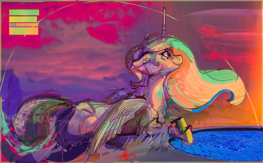 2020 absurd_res alumx day detailed_background digital_media_(artwork) english_text equid feathered_wings feathers female feral friendship_is_magic hasbro hi_res horn huge_filesize mammal my_little_pony outside princess_celestia_(mlp) sky solo text winged_unicorn wings
