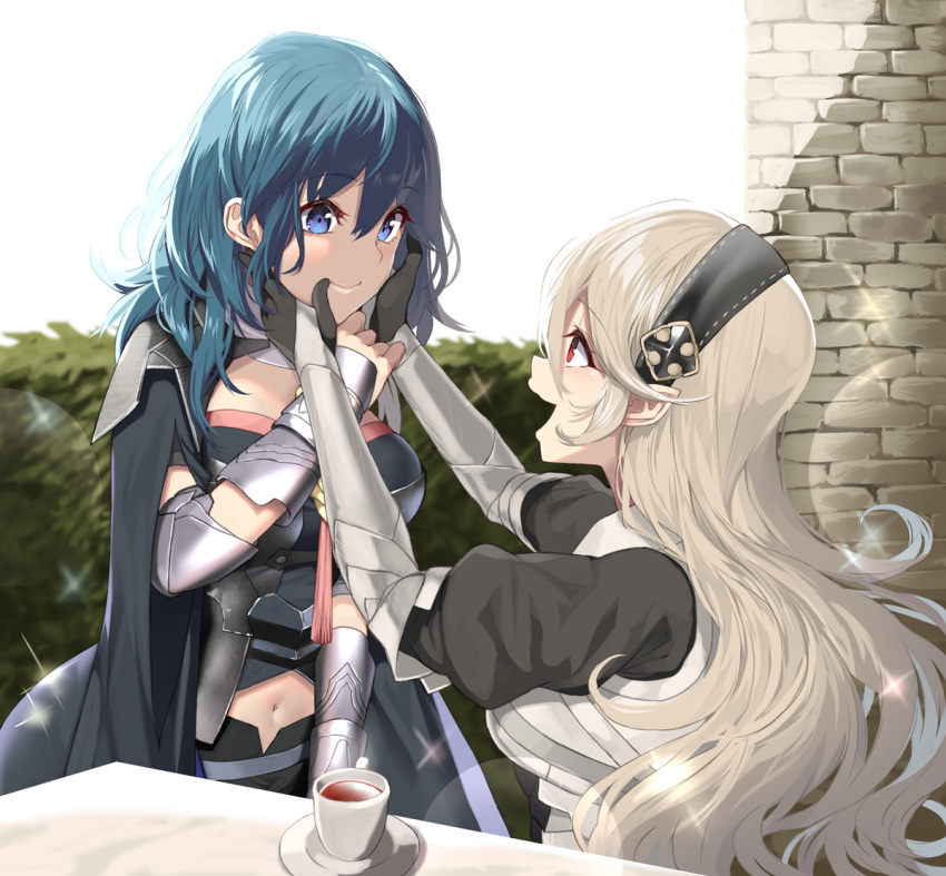 2girls arm_guards armor blonde_hair blue_eyes blue_hair blush brick_wall byleth_(fire_emblem) byleth_(fire_emblem)_(female) cape coat corrin_(fire_emblem) corrin_(fire_emblem)_(female) cup fire_emblem fire_emblem:_three_houses fire_emblem_fates hairband hands_on_another's_face long_hair looking_at_another medium_hair midriff multiple_girls navel open_mouth pointy_ears red_eyes sparkle table teacup very_long_hair yappen