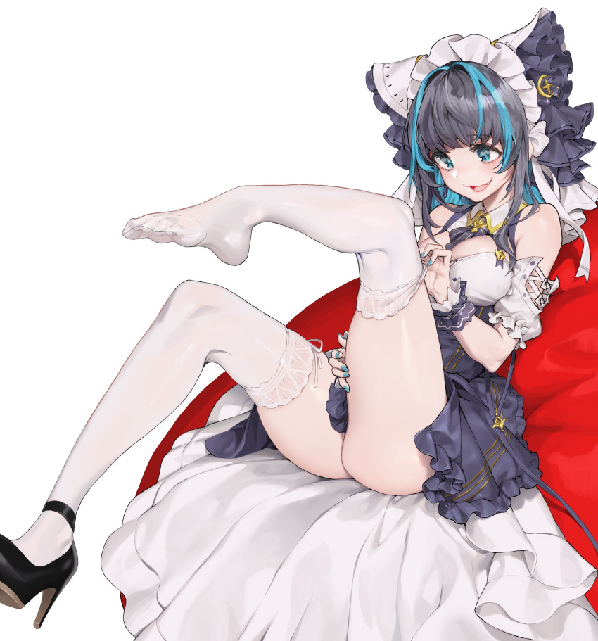 1girl absurdres animal_ears aqua_eyes azur_lane bare_shoulders black_forest_cake black_hair blue_hair blue_nails blush breasts cheshire_(azur_lane) detached_sleeves eyebrows_visible_through_hair fang frilled_hairband frills hairband high_heels highres large_breasts maid_headdress multicolored_hair nail_polish open_mouth pepperdevil puffy_sleeves ribbon short_hair sidelocks simple_background sitting smile solo streaked_hair thighhighs thighhighs_pull thighs white_background white_legwear wrist_cuffs