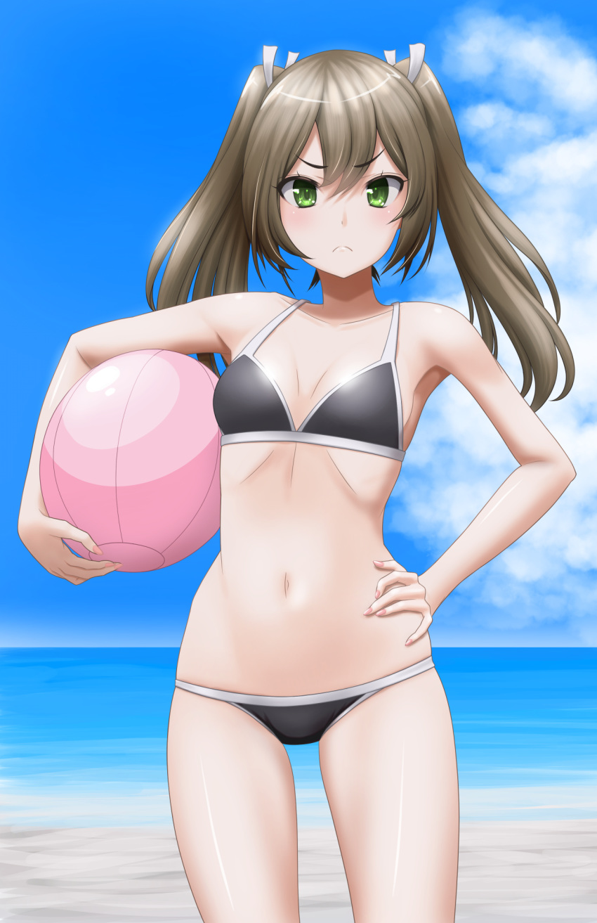 1girl ball beachball bikini black_bikini blue_sky cloud commentary_request cowboy_shot day flat_chest green_eyes grey_hair hand_on_hip highres kantai_collection long_hair looking_at_viewer lowleg lowleg_bikini outdoors shoukaku_(kantai_collection) sky solo swimsuit t2r twintails white_hair zuikaku_(kantai_collection)