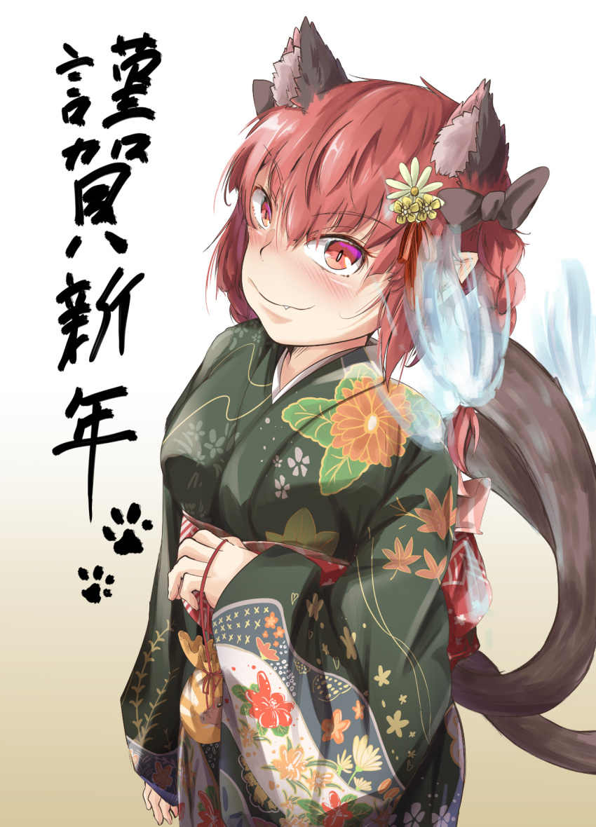 1girl animal_ears black_ribbon blue_fire blush braid cat_ears cat_girl cat_tail extra_ears fang fang_out fire floral_print flower green_kimono hair_flower hair_ornament hair_ribbon highres holding japanese_clothes kaenbyou_rin kimono looking_at_viewer mahimaru multiple_tails obi paw_print pointy_ears red_eyes red_hair ribbon sash simple_background smile solo tail touhou two_tails yukata