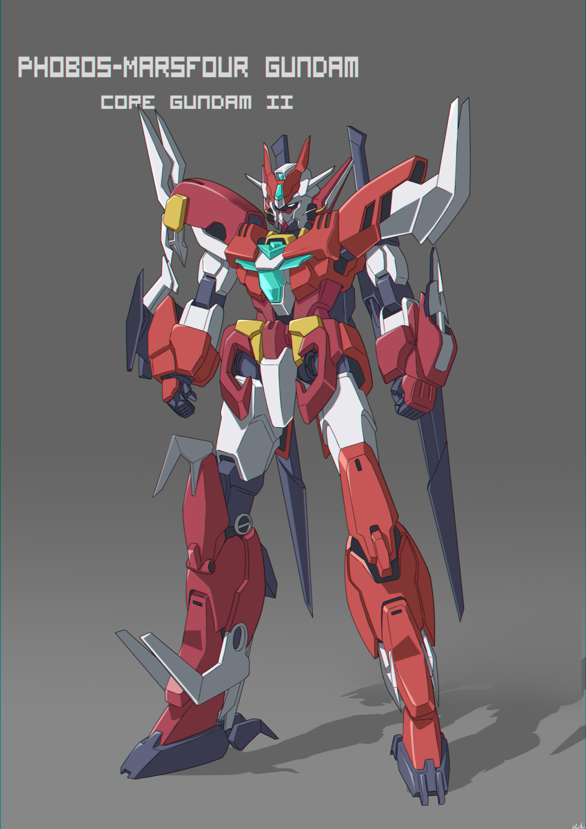 absurdres aqua_eyes character_name chinese_commentary clenched_hands clotho_(1326803453) english_commentary grey_background gundam gundam_build_divers gundam_build_divers_re:rise gunpla highres marsfour_gundam mecha mixed-language_commentary no_humans redesign solo standing v-fin