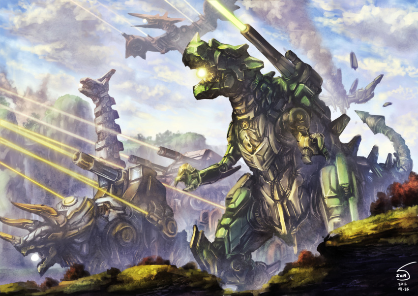 artist_name battle cannon cloud dated day dinosaur highres laser_beam mecha no_humans original outdoors pterodactyl santoni standing triceratops