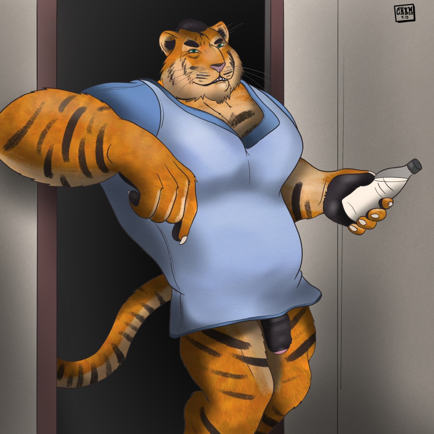 1:1 anthro big_muscles bottle bottomless chrm clothed clothing felid flaccid genitals hair hi_res holding_bottle holding_object huge_muscles humanoid_genitalia looking_at_viewer male mammal muscular muscular_anthro muscular_male pantherine penis shirt smile solo tiger topwear uncut