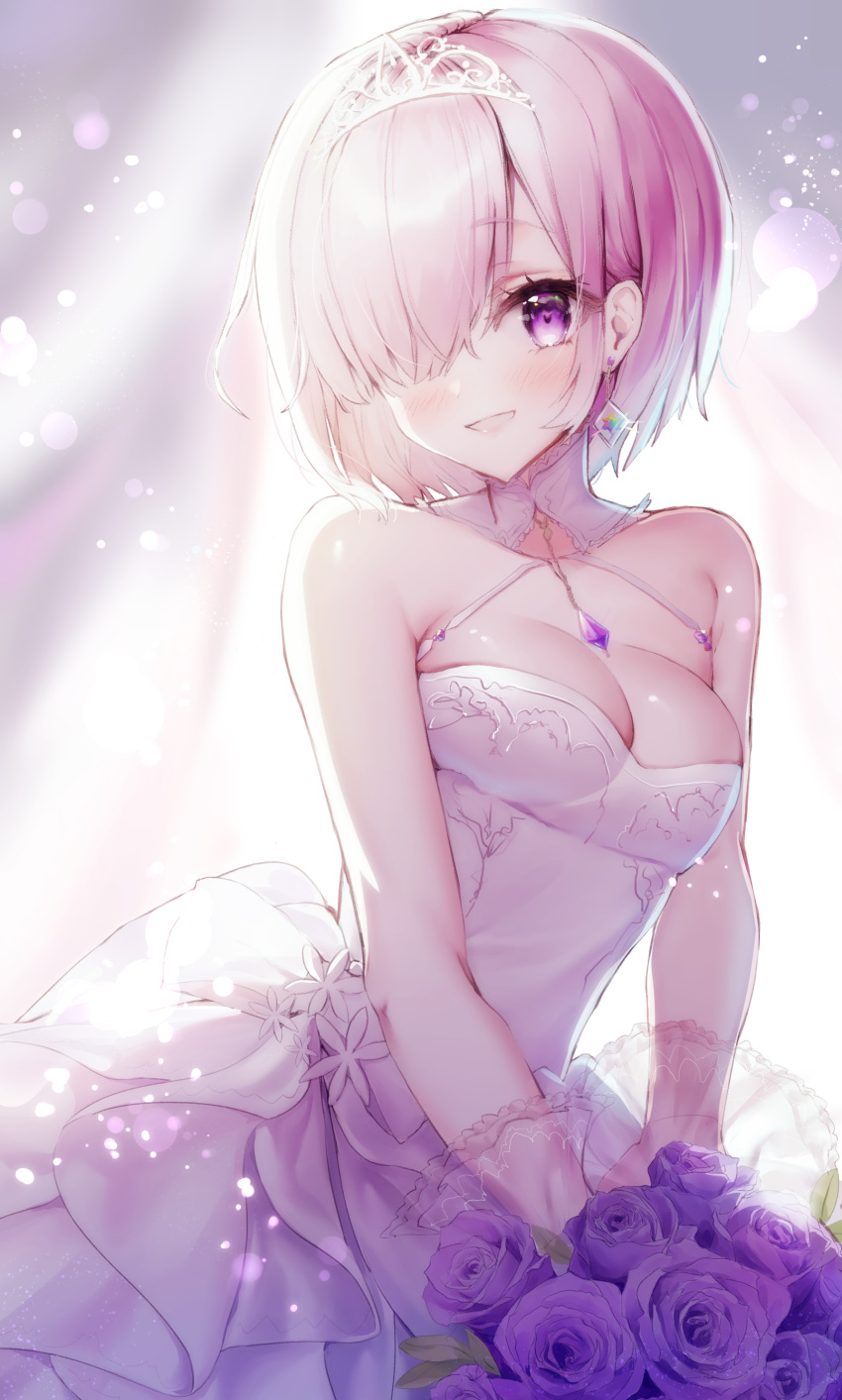 1girl absurdres bangs bare_shoulders blush bouquet breasts bride cleavage crown dress earrings elbow_gloves eyebrows_visible_through_hair fate/grand_order fate_(series) flower gloves hair_over_one_eye highres holding holding_bouquet jewelry large_breasts looking_at_viewer mash_kyrielight open_mouth pink_hair pink_wedding_dress purple_eyes short_hair simple_background smile solo tiara wedding wedding_dress