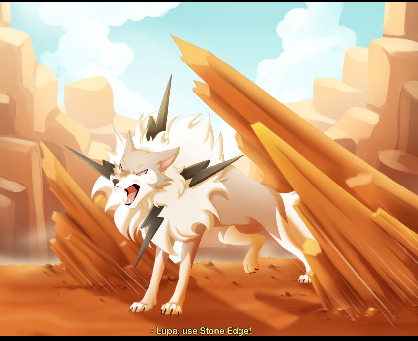 attack black_bars black_claws brown_body brown_fur cheek_tuft chest_tuft claws dewclaw facial_tuft feral fur hi_res inner_ear_fluff letterbox lycanroc midday_lycanroc multicolored_body multicolored_fur nintendo pink_eyes pink_inner_ear pok&eacute;mon pok&eacute;mon_(species) randomcomicsheet sharp_teeth sky spikes teeth tuft video_games white_body white_fur