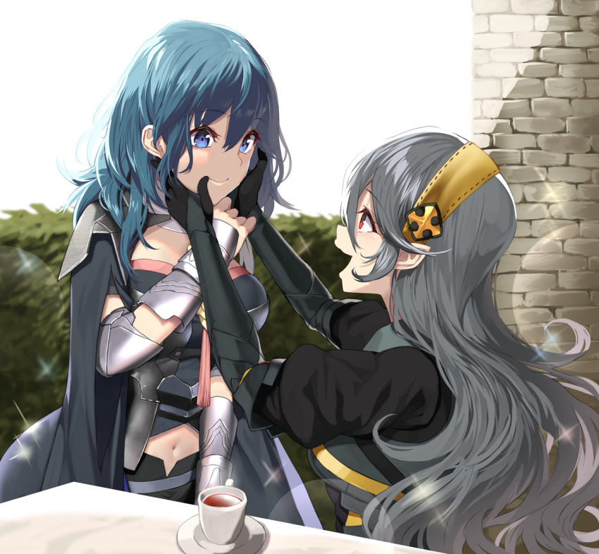 2girls alternate_color arm_guards armor blue_eyes blue_hair blush brick_wall byleth_(fire_emblem) byleth_(fire_emblem)_(female) cape coat corrin_(fire_emblem) corrin_(fire_emblem)_(female) cup fire_emblem fire_emblem:_three_houses fire_emblem_fates grey_hair hairband hands_on_another's_face long_hair looking_at_another medium_hair midriff multiple_girls navel open_mouth player_2 pointy_ears red_eyes sparkle super_smash_bros. table teacup very_long_hair yappen