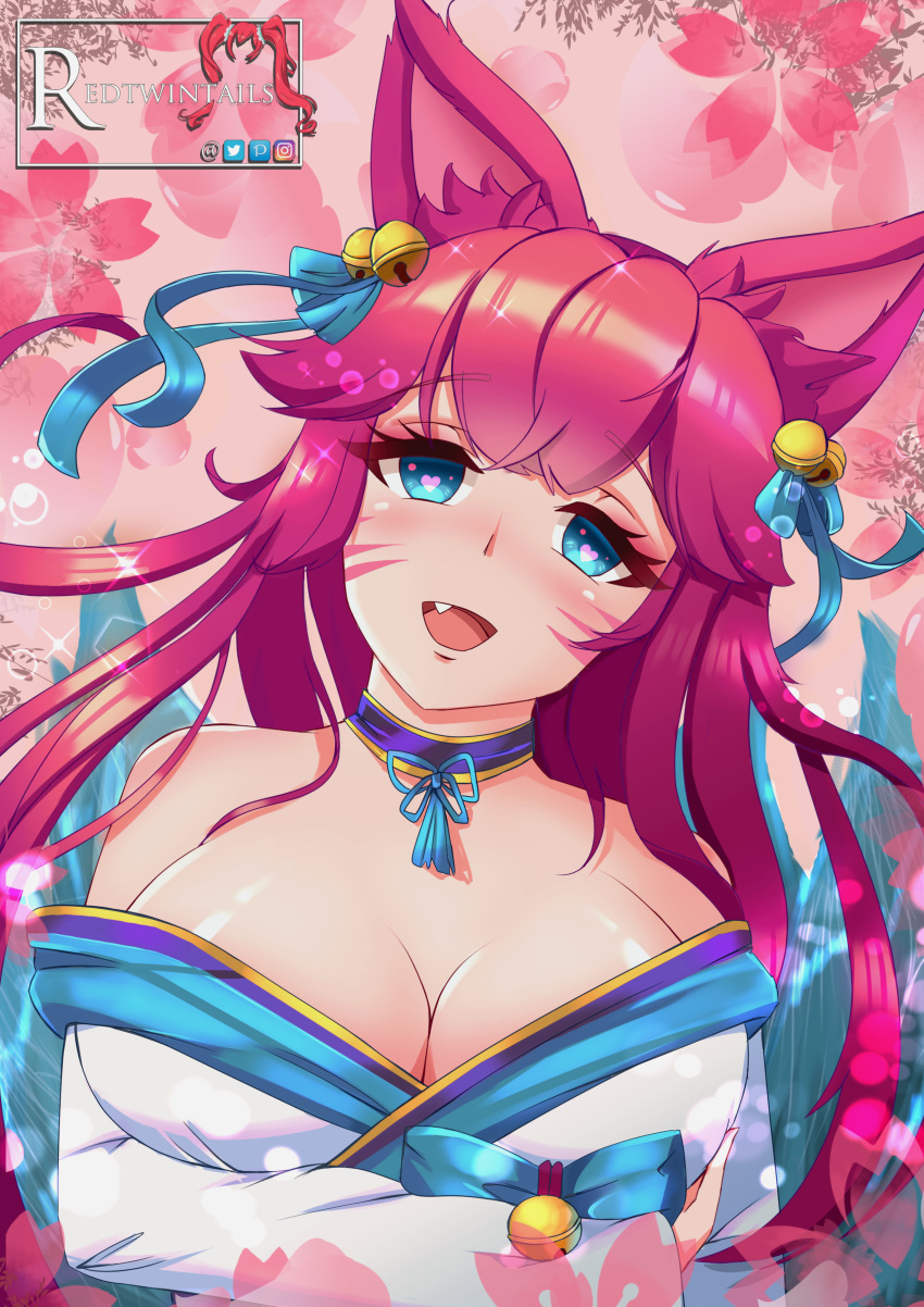 1girl absurdres ahri alternate_hair_color animal_ears artist_request bell blue_tail breast_hold breasts cleavage commentary english_commentary facial_mark fang fox_ears fox_tail hair_bell hair_ornament heart heart-shaped_pupils highres huge_filesize korean_clothes kumiho large_breasts league_of_legends looking_at_viewer low_neckline multiple_tails off_shoulder open_mouth solo spirit_blossom_ahri symbol-shaped_pupils tail vastaya whisker_markings