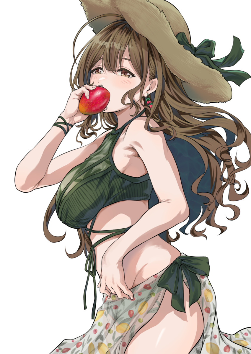 1girl ahoge bangs bare_shoulders blush bracelet breasts brown_eyes brown_hair commentary_request crop_top earrings eating food from_side fruit fukuyama_satoshi green_tank_top hair_between_eyes halterneck hat highres idolmaster idolmaster_shiny_colors jewelry kuwayama_chiyuki large_breasts long_hair print_sarong sarong standing stomach tank_top white_background