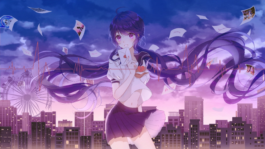 1girl ascot black_collar building cityscape cloud cloudy_sky collar cowboy_shot envelope ferris_wheel hand_up heart holding holding_envelope long_hair looking_at_viewer midriff miniskirt navel osagelts1213 photo_(object) pleated_skirt purple_eyes purple_hair purple_skirt red_neckwear sailor_collar school_uniform shirt short_sleeves skirt sky smile solo sorry sound_wave standing twilight twintails very_long_hair vocaloid white_shirt wind xin_hua