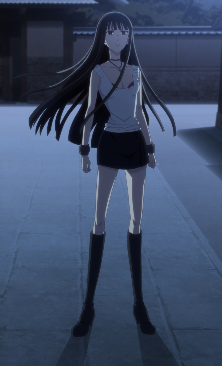 1girl absurdres black_eyes black_footwear black_hair black_skirt boots bracelet breasts closed_mouth floating_hair fruits_basket full_body high_heel_boots high_heels highres jewelry knee_boots long_hair medium_breasts necklace non-web_source screencap shirt skirt sleeveless sleeveless_shirt solo souma_isuzu standing stitched third-party_edit white_shirt wind