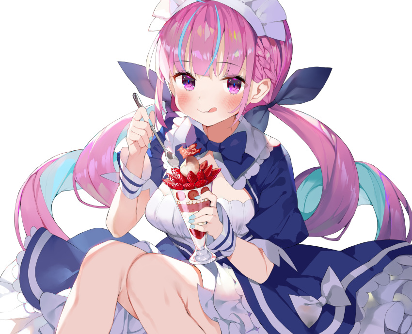 blush bow braids cropped dress food fruit headdress hololive lolita_fashion long_hair matsui_hiroaki minato_aqua purple_eyes purple_hair strawberry twintails white wristwear