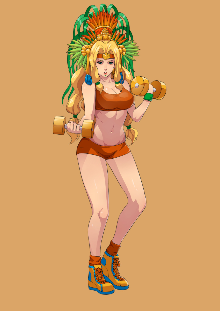 1girl absurdres bare_shoulders bike_shorts blonde_hair bra breasts brown_background chin_piercing cirenk cleavage collarbone dumbbell english_commentary fate/grand_order fate_(series) green_eyes green_wristband headdress highres large_breasts long_hair midriff navel orange_bra orange_footwear orange_headband orange_shorts quetzalcoatl_(fate/grand_order) shoes shorts simple_background sneakers solo sports_bra traditional_media underwear watercolor_(medium)