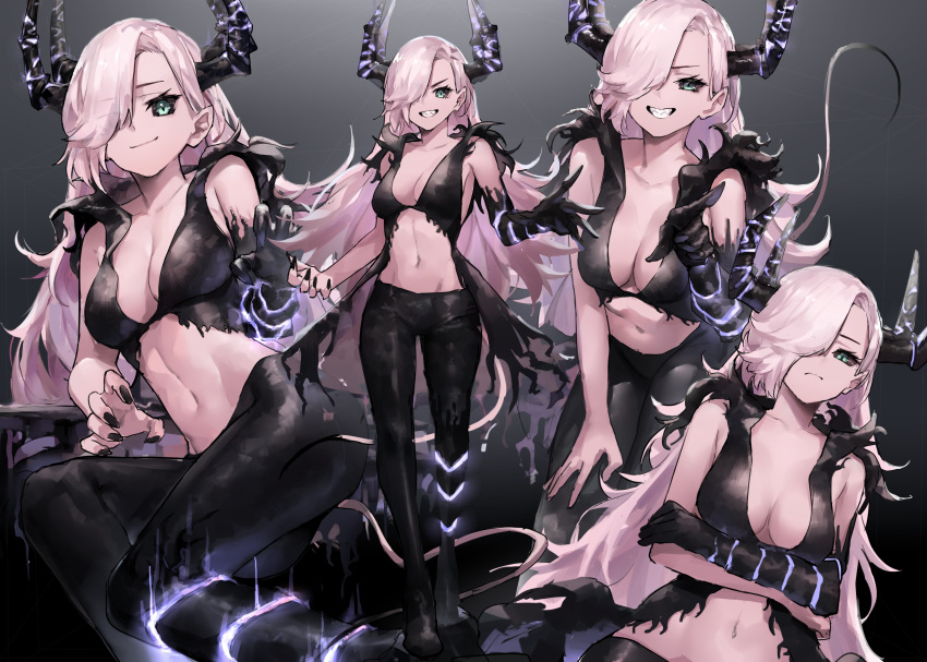 1girl absurdres arms_under_breasts bare_shoulders black_nails black_pants black_sclera black_shirt breasts cleavage commission crop_top demon_horns gradient gradient_background green_eyes grin hair_over_one_eye highres horns long_hair looking_at_viewer medium_breasts midriff multiple_views nail_polish navel neonbeat original pants shirt sleeveless sleeveless_shirt smile stomach tail white_hair