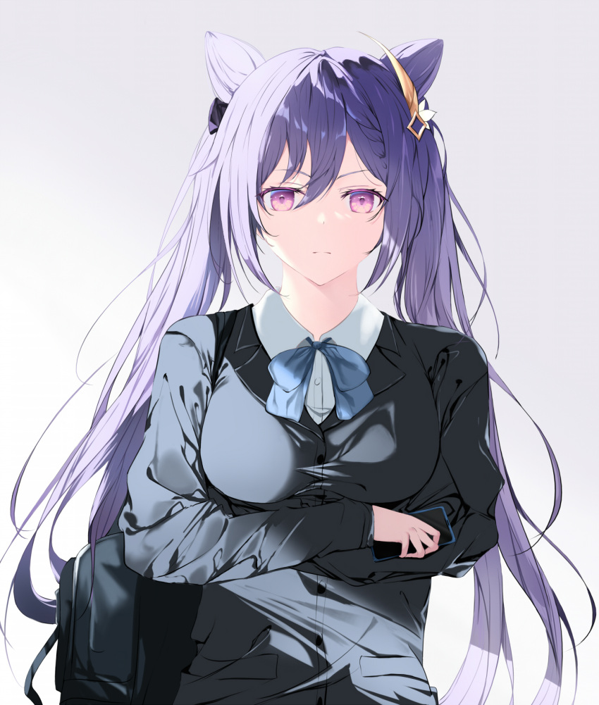 1girl bag bangs black_jacket blue_bow bow braid breasts cellphone collared_shirt double_bun eyebrows_visible_through_hair genshin_impact hair_between_eyes hair_cones hair_ornament highres holding holding_phone jacket keqing_(genshin_impact) large_breasts long_hair long_sleeves looking_at_viewer phone purple_eyes purple_hair shirt simple_background solo white_background white_shirt xi_ying