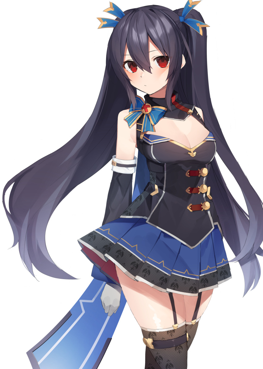 1girl absurdres bare_shoulders black_hair black_legwear breasts buran_buta cleavage detached_sleeves gloves hair_between_eyes hair_ornament hair_ribbon highres long_hair looking_at_viewer medium_breasts neptune_(series) noire red_eyes ribbon skirt solo thighhighs twintails white_gloves