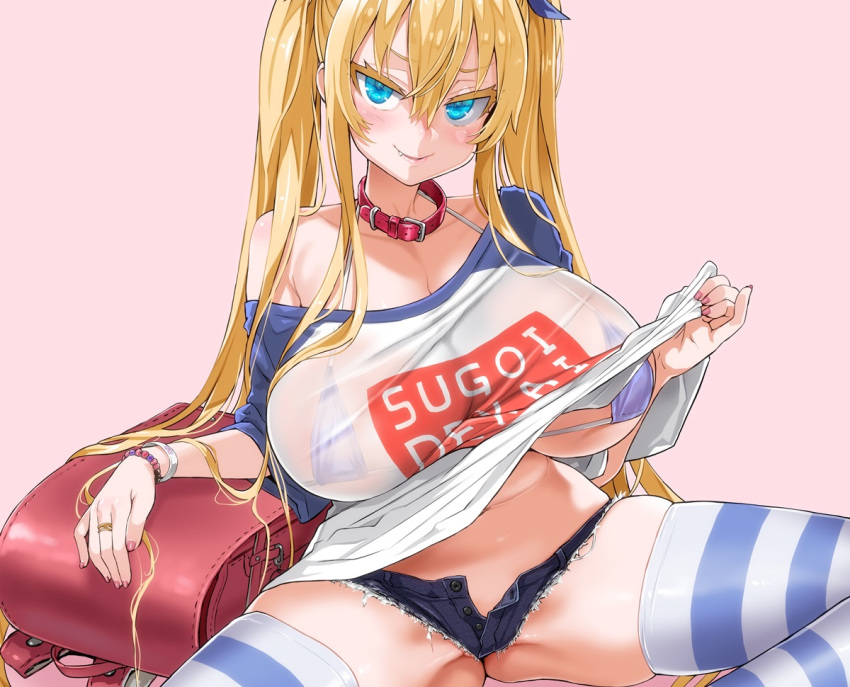 aqua_eyes bikini_top blonde_hair blush breasts collar cosplay cropped fang ishikei long_hair navel nopan original pink see_through shirt_lift shorts spread_legs thighhighs twintails wristwear zettai_ryouiki