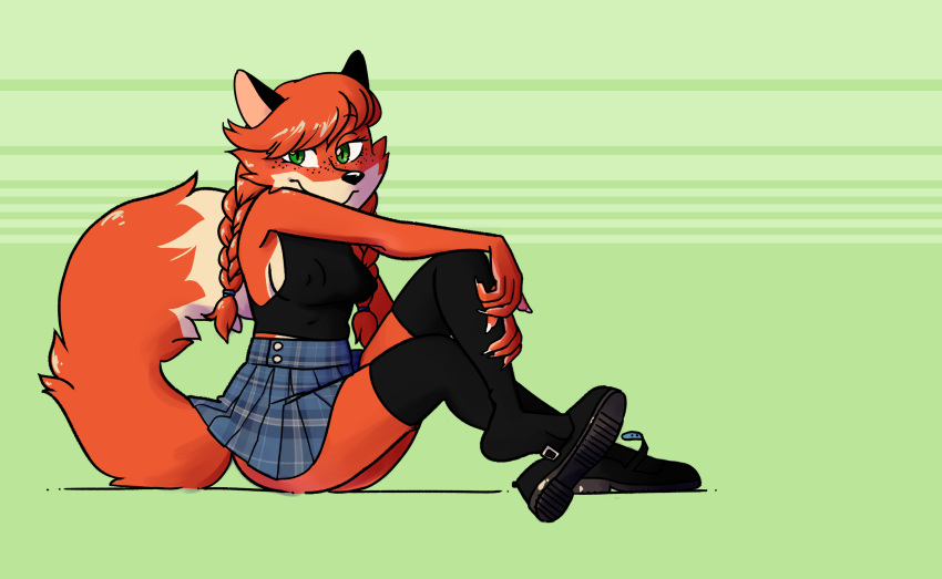 anthro black_clothing black_topwear breasts canid canine clothing crossed_legs feet female footwear fox freckles hi_res legwear mammal nipple_outline passionatefloorromance patty_foxy pigtails plaid_skirt shoes side_boob simple_background sitting soles solo stockings topwear