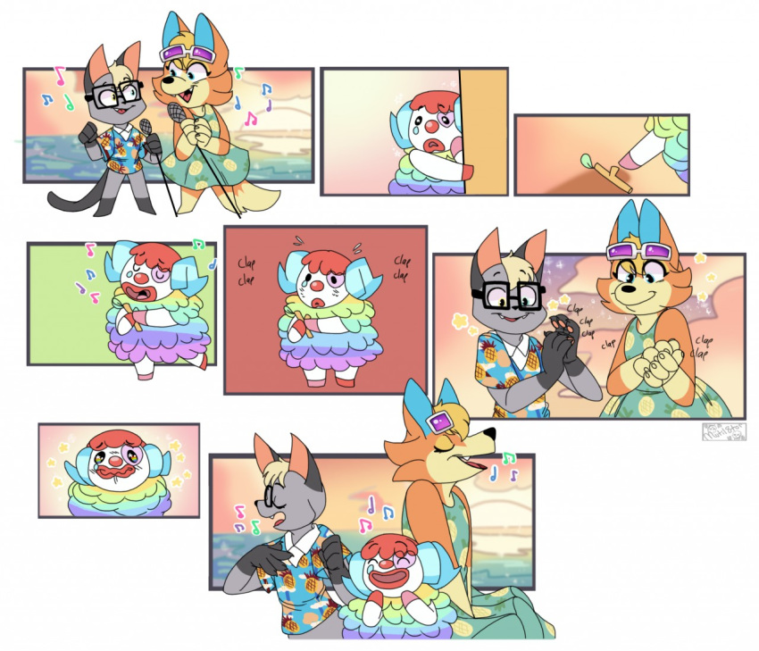 animal_crossing audie_(animal_crossing) blonde_hair bodily_fluids bovid canid canine canis caprine clothing clown clown_makeup comic dress eyewear felid feline female fur glasses grey_body grey_fur hair horn male mammal multicolored_body multicolored_fur mutil8tor nintendo orange_body orange_fur pietro_(animal_crossing) rainbow_body rainbow_fur raymond_(animal_crossing) sea sheep shirt singing sun sunglasses sunset sweat text topwear video_games water wolf