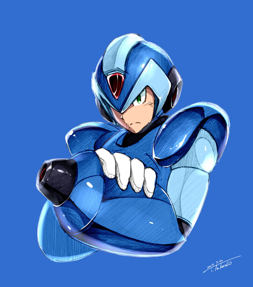 1boy absurdres android arm_cannon blue_background dated green_eyes helmet highres i.takashi robot rockman rockman_(character) rockman_x signature solo upper_body weapon