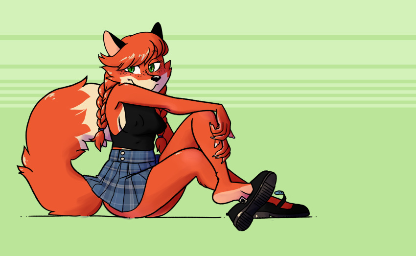 anthro black_clothing black_topwear breasts canid canine clothing crossed_legs feet female footwear fox freckles hi_res mammal nipple_outline passionatefloorromance patty_foxy pigtails plaid_skirt side_boob simple_background sitting soles solo topwear