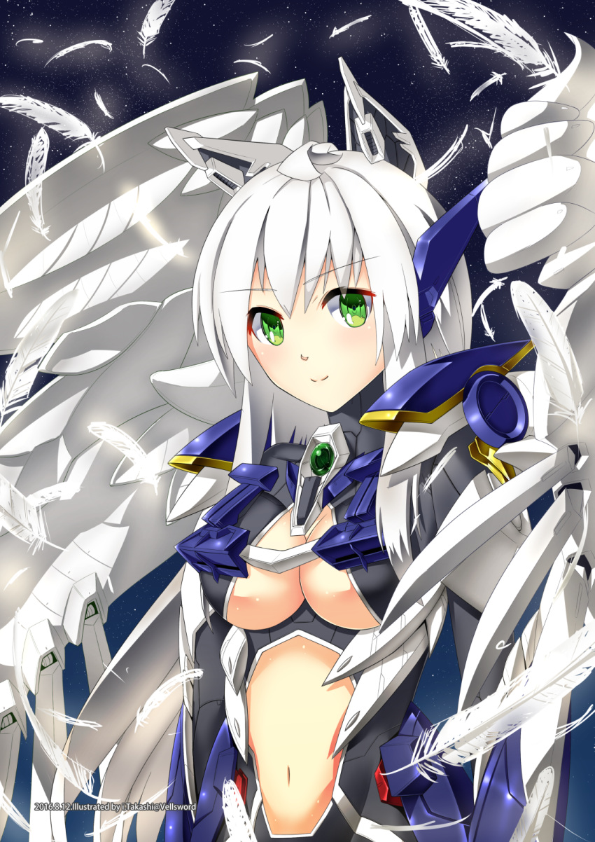 1girl angel_wings animal_ears bangs breasts cat_ears eyebrows_visible_through_hair fake_animal_ears green_eyes gundam gundam_wing gundam_wing_endless_waltz highres i.takashi looking_at_viewer mecha_musume mechanical_ears medium_breasts midriff midriff_cutout navel personification solo white_hair wing_gundam_zero_custom wings