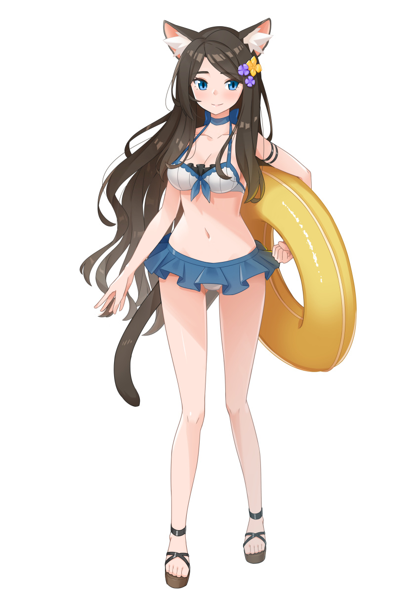 1girl absurdres animal_ear_fluff animal_ears bangs bikini bikini_skirt black_hair blue_eyes blush cat_ears cat_tail choker collarbone facing_viewer flower hair_flower hair_ornament highres innertube navel nekoze_(s22834712) original smile solo swept_bangs swimsuit tail tu_ya_(nekoze) white_background