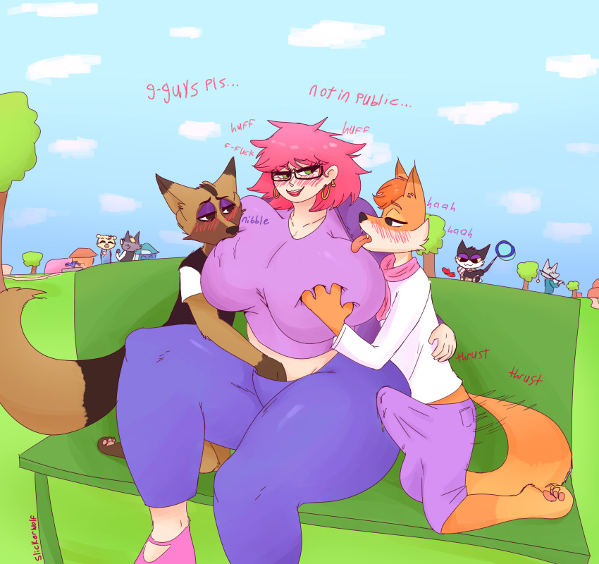 2020 animal_crossing anthro big_breasts breasts brown_body brown_fur canid canine canis chief_(animal_crossing) clothing digital_media_(artwork) domestic_cat ear_piercing ear_ring erection erection_under_clothing eyewear fang_(animal_crossing) fangs felid feline felis female fur glasses green_eyes hair hi_res huge_breasts human kyle_(animal_crossing) lipstick makeup male male/female mammal marshal_(animal_crossing) nintendo orange_body orange_fur piercing pink_hair public punchy_(animal_crossing) raymond_(animal_crossing) slickerwolf tongue tongue_out video_games wolf
