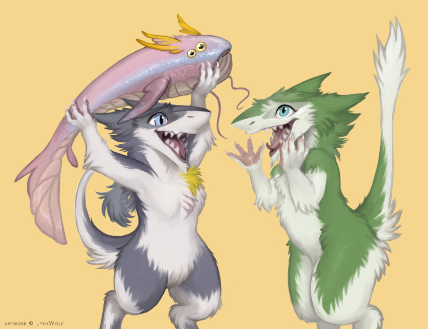 2020 4_fingers absurd_res admiration admiring amazed ambiguous_gender anthro arm_tuft biped blue_eyes butt_fluff carrying cel_shading chest_tuft chibi claws countershading digital_media_(artwork) digital_painting_(artwork) digitigrade elbow_tufts featureless_crotch feral fingers fish front_view fur green_body green_eyes green_fur grey_body grey_fur group head_tuft hi_res holding_character holding_object keel kel lineless looking_at_another looking_at_partner lynxwolf male male/male mammal mane marine markings nude open_mouth open_smile pawpads paws pin_(pinpineapplepin) pink_body pink_pawpads pink_skin pink_tongue proud pupils scar sergal shaded signature simple_background slit_pupils smile snout standing sushi_(vilous_community) tail_tuft talyxian tan_body tan_fur tongue toony tuft vilous_universe yellow_background yellow_markings