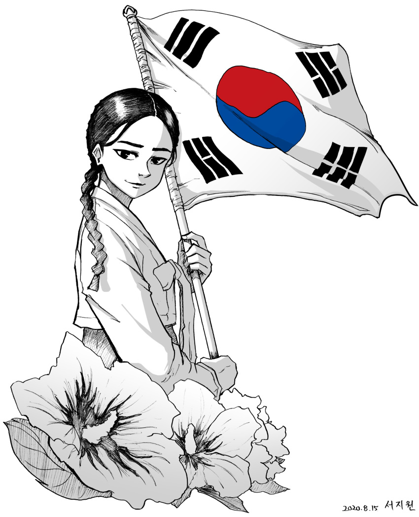 1girl absurdres braid commentary_request dated flag flagpole flower greyscale hanbok highres historical_event holding holding_flag korea korean_clothes mixed-language_commentary monochrome original partial_commentary rose_of_sharon simple_background solo south_korea south_korean_flag tryvor white_background