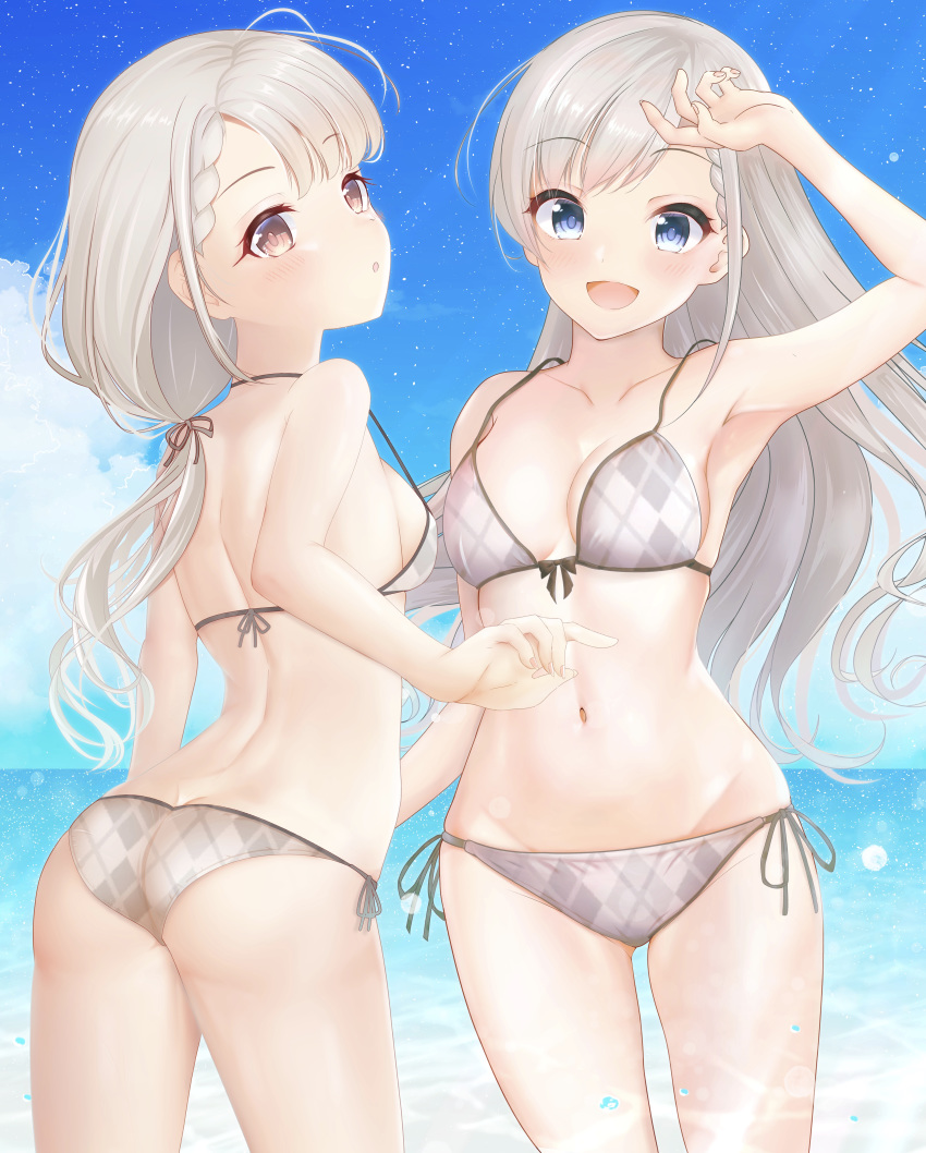 2girls absurdres argyle_bikini armpits ass bangs beach bikini blue_eyes blue_sky blunt_bangs breasts brown_eyes cloud collarbone cowboy_shot day grey_hair groin highres hisakawa_hayate hisakawa_nagi idolmaster idolmaster_cinderella_girls long_hair looking_at_viewer mountain multiple_girls navel ocean outdoors siblings side-tie_bikini sisters sky small_breasts swimsuit twins white_bikini yona_(flute-p)