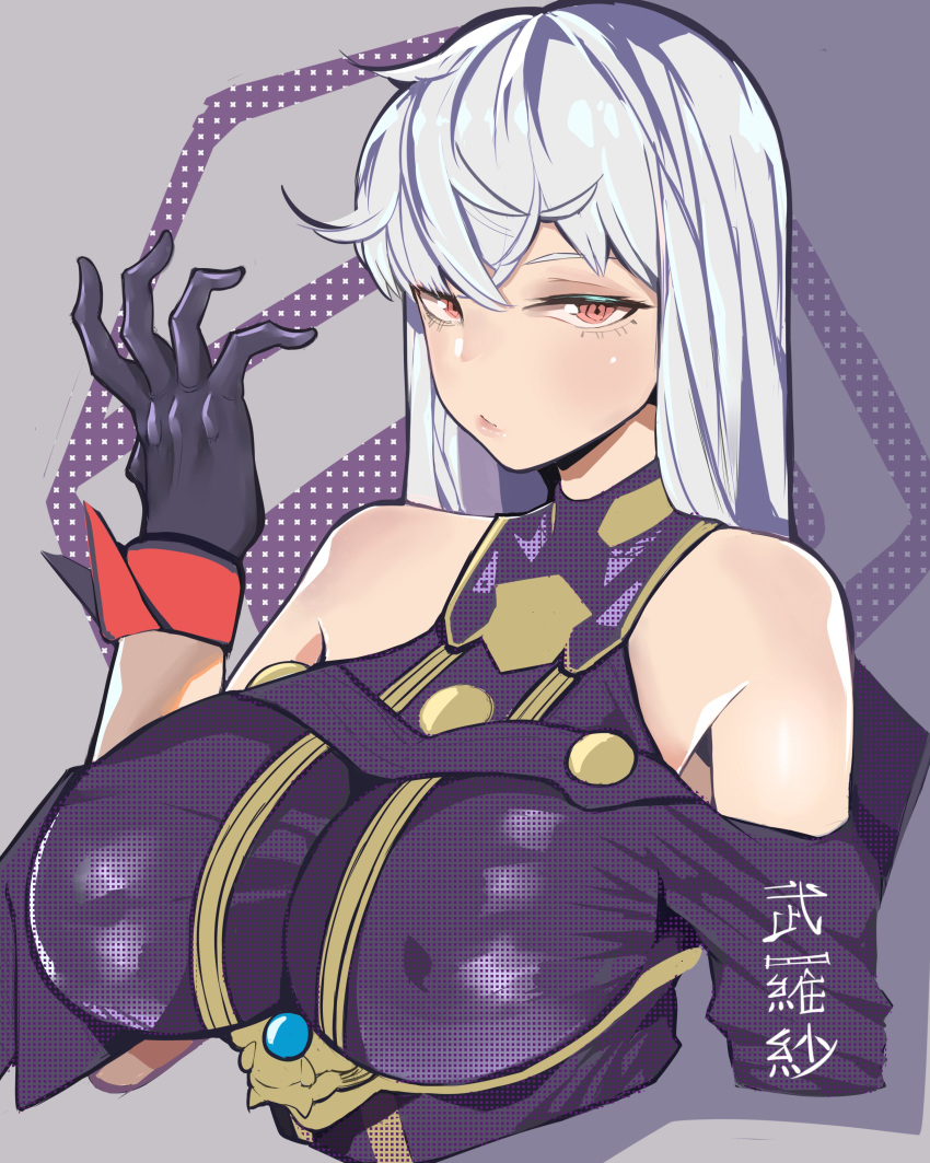 1girl absurdres bangs bare_shoulders black_gloves blush brashearlushert breasts cleavage covered_nipples gloves highres large_breasts lips long_hair looking_at_viewer military military_uniform red_eyes selvaria_bles senjou_no_valkyria silver_hair solo uniform upper_body very_long_hair