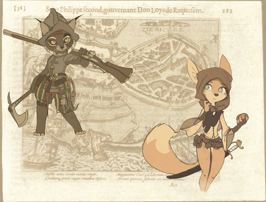 anthro axe blue_eyes canid canine canis clothed clothing dragancah duo felid feline female fox gun hood iberian_lynx liselot_(dragancah) lynx mammal melee_weapon military partially_clothed ranged_weapon red_fox sciencefox sword weapon ximena_(dragancah) yellow_eyes