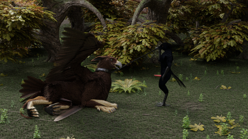 3d_(artwork) anthro avian bird collar corvid corvus_(genus) digital_media_(artwork) duo feral gryphon hi_res male male/male mythological_avian mythology oscine passerine raven raven555 size_difference small_dom_big_sub