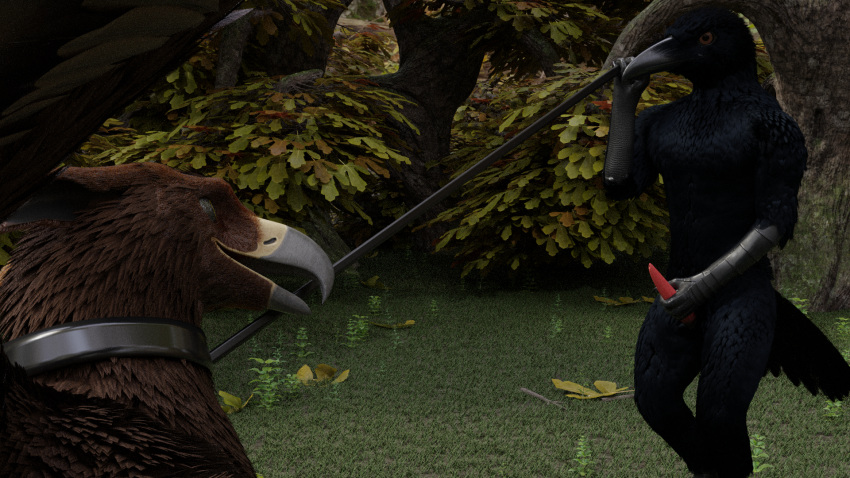 3d_(artwork) anthro avian bird collar corvid corvus_(genus) digital_media_(artwork) duo feral gryphon hi_res male male/male mythological_avian mythology oscine passerine raven raven555