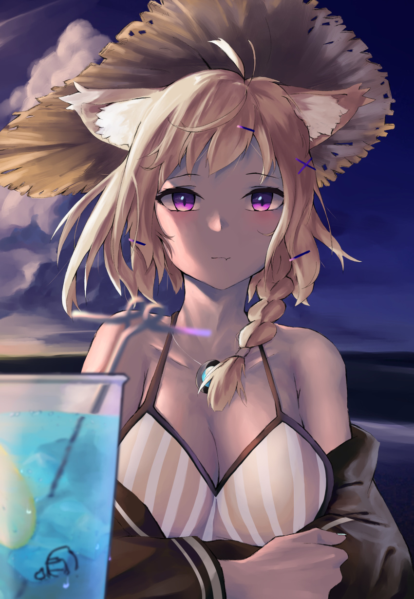 1girl absurdres animal_ears antenna_hair arknights bangs bare_shoulders bikini braid breasts brown_hair cleavage commentary_request hat highres large_breasts long_sleeves looking_at_viewer outdoors purple_eyes short_hair single_braid solo striped striped_bikini sun_hat swimsuit upper_body utage_(arknights) vertical-striped_bikini vertical_stripes xiaobei