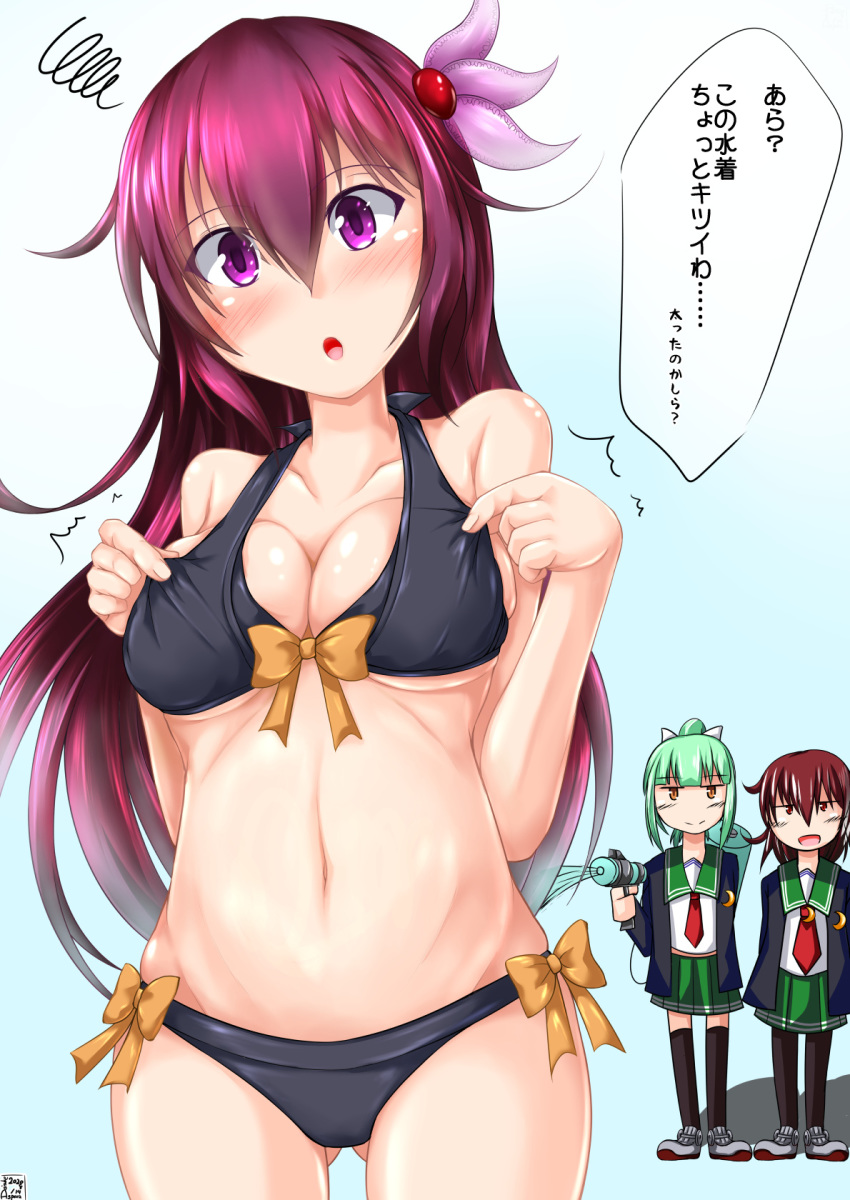 3girls :o aspara_daisuke bikini black_bikini blush breasts brown_hair cleavage clothes_grab collarbone commentary_request cosplay costume_switch hair_ornament highres kantai_collection kisaragi_(kantai_collection) kisaragi_(kantai_collection)_(cosplay) long_hair medium_breasts multiple_girls mutsuki_(kantai_collection) open_mouth purple_eyes remodel_(kantai_collection) side-tie_bikini solo_focus standing swimsuit translated water_gun yuubari_(kantai_collection) yuubari_(kantai_collection)_(cosplay)