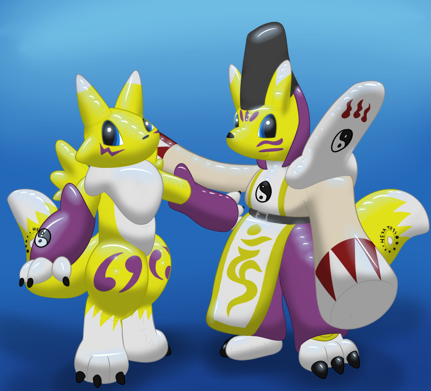 ambiguous_gender animate_inanimate anthro balloon-quilava clothing digimon digimon_(species) digitigrade duo hexatoy hi_res inflatable inflatable_toy living_inflatable long_sleeves looking_at_viewer markings puffy_sleeves purple_markings renamon taomon yellow_body yin_yang