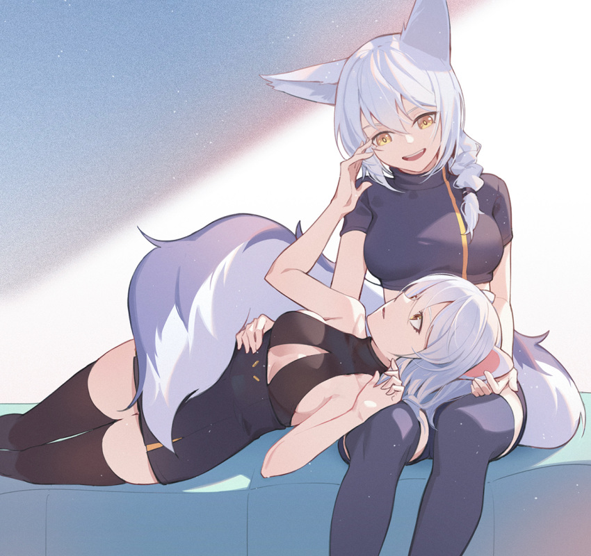 2girls animal_ears arknights bangs bare_shoulders black_legwear breasts cleavage cleavage_cutout crop_top dress hair_between_eyes hand_on_another's_cheek hand_on_another's_face lap_pillow long_hair looking_at_another lying medium_breasts mouse_ears multiple_girls nian open_mouth provence_(arknights) scavenger_(arknights) short_dress short_hair short_sleeves silver_hair sitting skindentation sleevless small_breasts smile tail thighhighs turtleneck wolf_ears wolf_tail yellow_eyes yuri