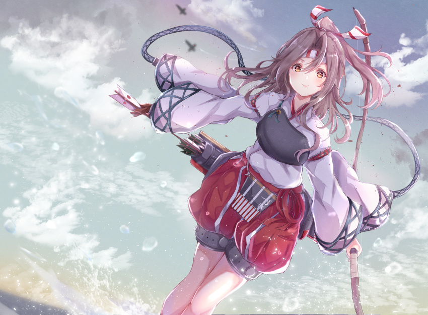 1girl absurdres arrow_(projectile) blue_sky bow_(weapon) cloud commentary_request dutch_angle feet_out_of_frame gradient_sky grey_hair hachimaki hakama hakama_pants headband high_ponytail highres huge_filesize japanese_clothes kantai_collection long_hair looking_at_viewer muneate ponytail quiver red_hakama red_shorts sa-ya2 shorts sky smile solo weapon zuihou_(kantai_collection)