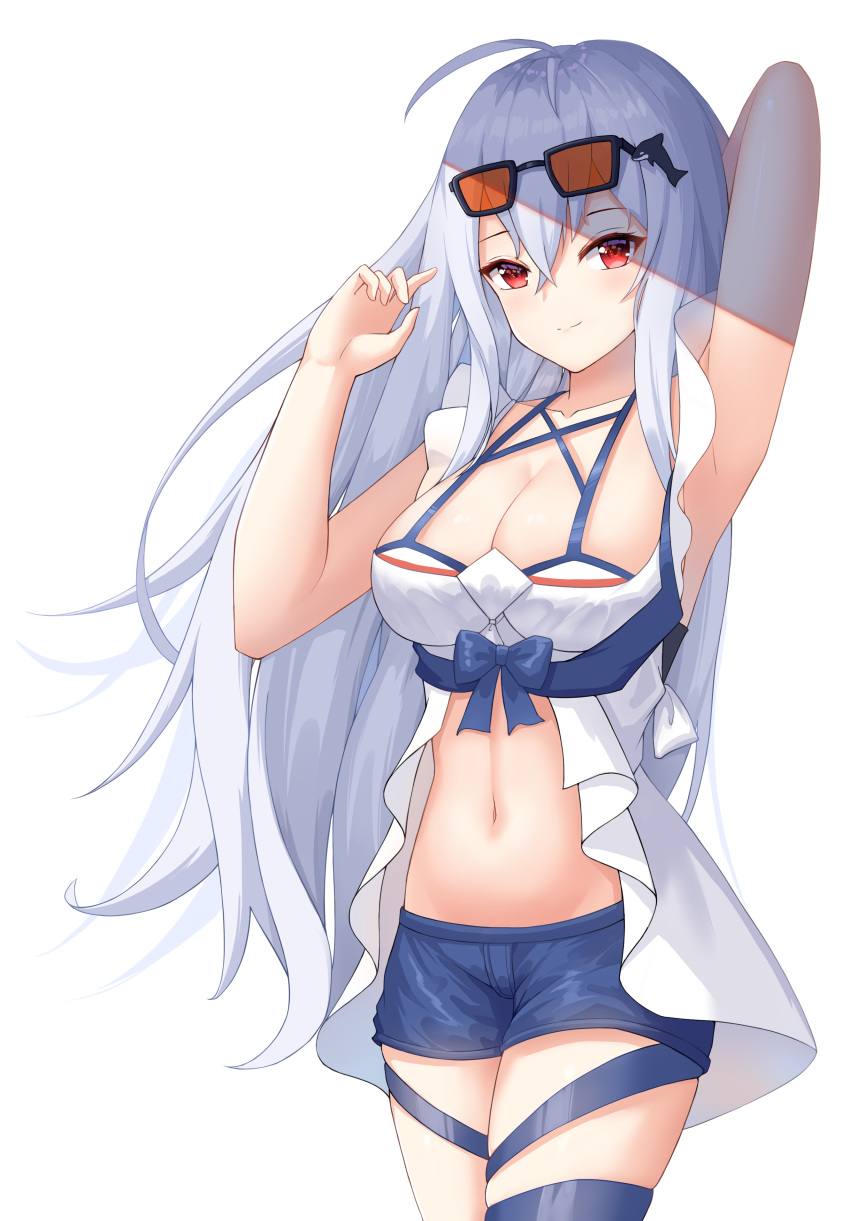 1girl 22_(dbq) absurdres arknights bangs bare_shoulders bikini bikini_shorts black-framed_eyewear blue_ribbon blue_shorts breasts cleavage collarbone eyewear_on_head hair_between_eyes hair_ornament hand_in_hair highres large_breasts light_blush long_hair looking_at_viewer navel red-tinted_eyewear red_eyes ribbon short_shorts shorts silver_hair skadi_(arknights) smile solo standing stomach swimsuit thighs tinted_eyewear very_long_hair whale_hair_ornament white_background white_bikini