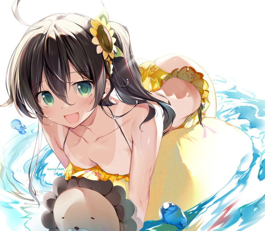 1girl 2020 :d ahoge artist_name ass bikini breasts brown_hair cleavage ebi_frion_(natsuiro_matsuri) flower frilled_bikini frills green_eyes hair_flower hair_ornament highres hololive in_water karory natsuiro_matsuri open_mouth side_ponytail smile sunflower sunflower_hair_ornament swimsuit tan tanline virtual_youtuber yellow_bikini