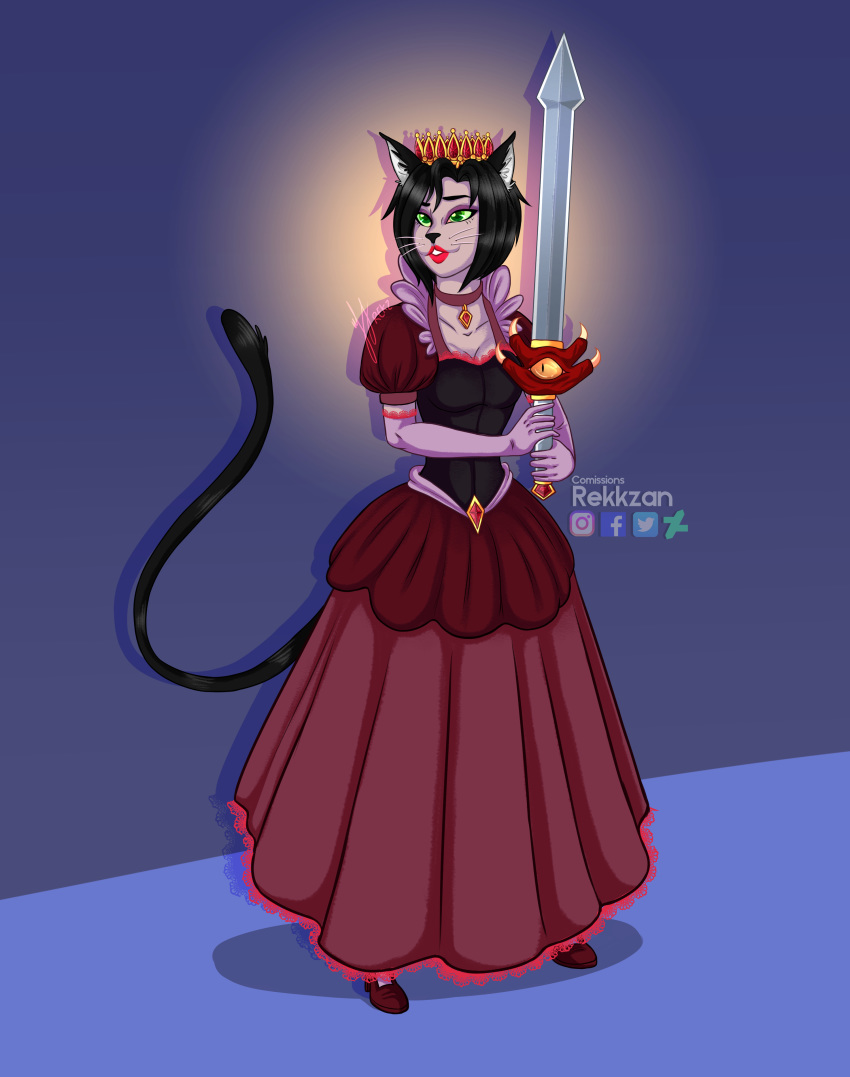 absurd_res anthro clothed clothing crown domestic_cat dress felid feline felis female gloves hair handwear hi_res holding_object holding_weapon humanoid jewelry mammal melee_weapon moira necklace queen rekzzan royalty simple_background smile solo sword weapon