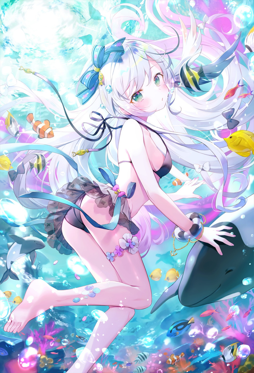 1girl ass bare_arms bare_shoulders barefoot bikini black_bikini bow breasts dolphin emori_miku_project fish floating_hair freediving hair_bow halterneck head_tilt highres ibara_riato long_hair looking_at_viewer loose_bikini small_breasts solo string_bikini swimsuit thighs underwater very_long_hair water