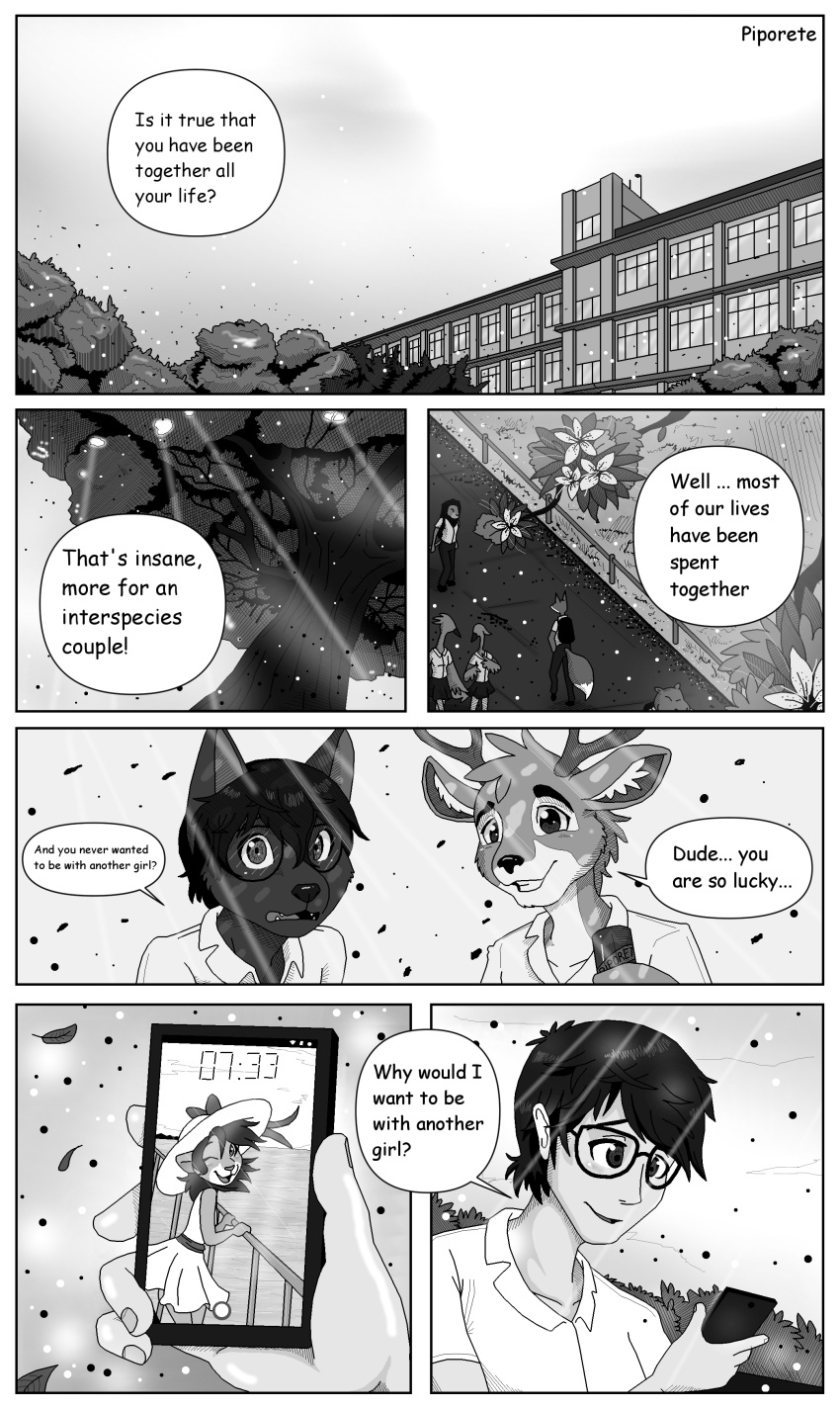 absurd_res ambiguous_gender anthro black_and_white canid canin canine canis cellphone cervid cheesy comic detailed_background eyewear felid feline female glasses goggles group hi_res highschool human jin jin_keiko keiko_(sakmat) leafs light lion male mammal manga mini_comic monochrome original_characters pantherine phone piporete plant speech_bubble sunlight text tree wolf