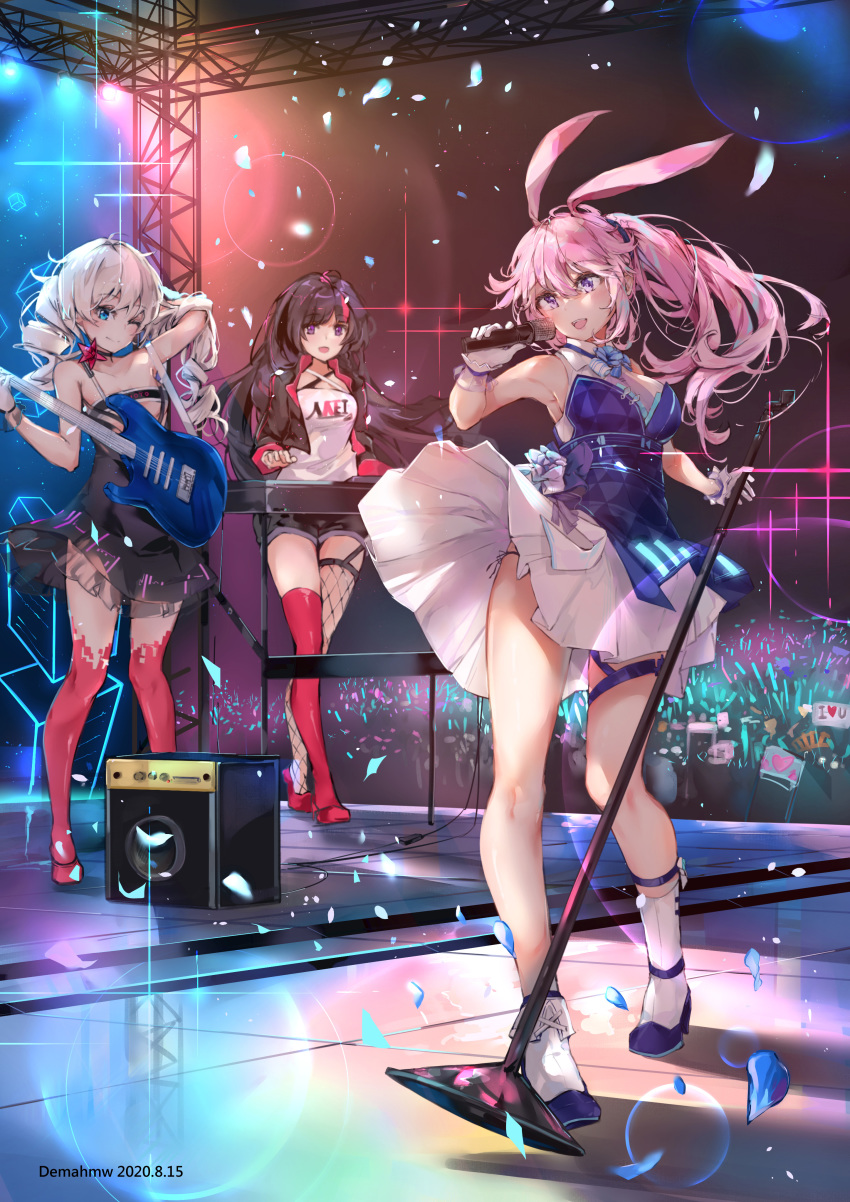 animal_ears benghuai_xueyuan bunny_ears dress fishnets garter guitar heels hmw_(pixiv7054584) honkai_impact kiana_kaslana no_bra pantsu raiden_mei see_through skirt_lift stockings string_panties thighhighs yae_sakura_(benghuai_xueyuan)